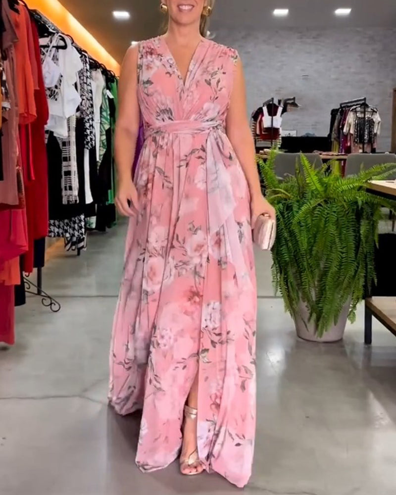 Gia - Sleeveless Floral Split Hem Long Dress