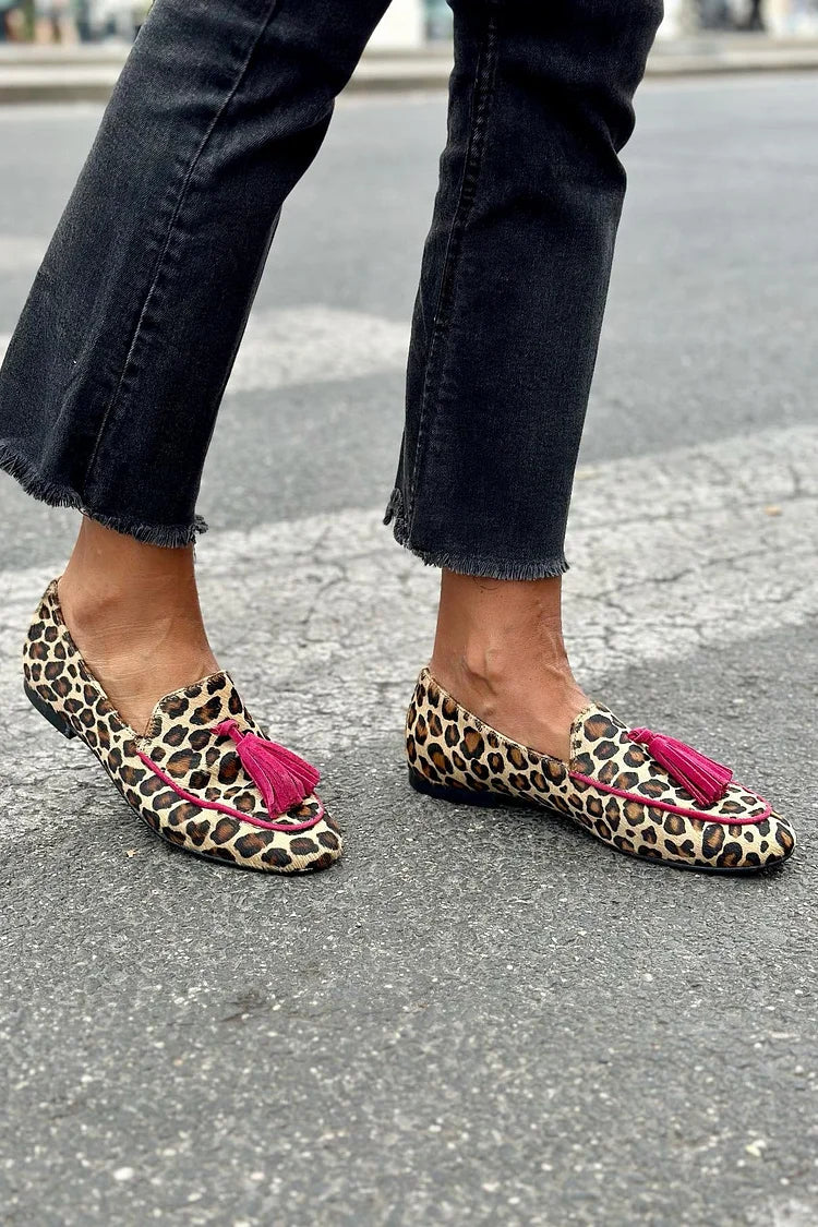 Kylissa | Animal Print Loafer With Fuchsia Fringes