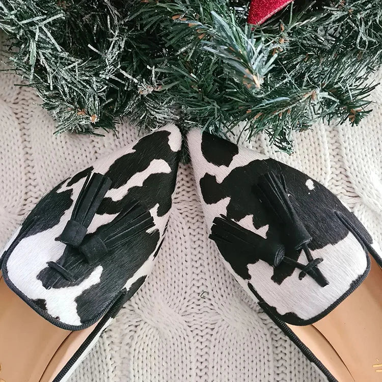Orielle | Cow Print Loafers With Tassels