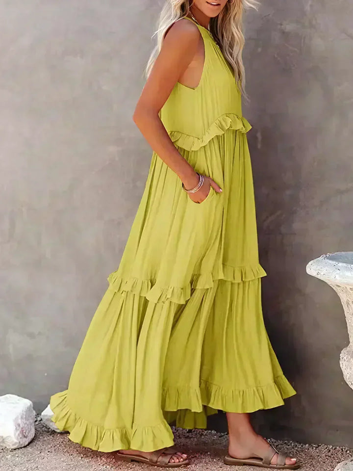 Delilah - Elegant Halter Neck Ruffle Trim Dress