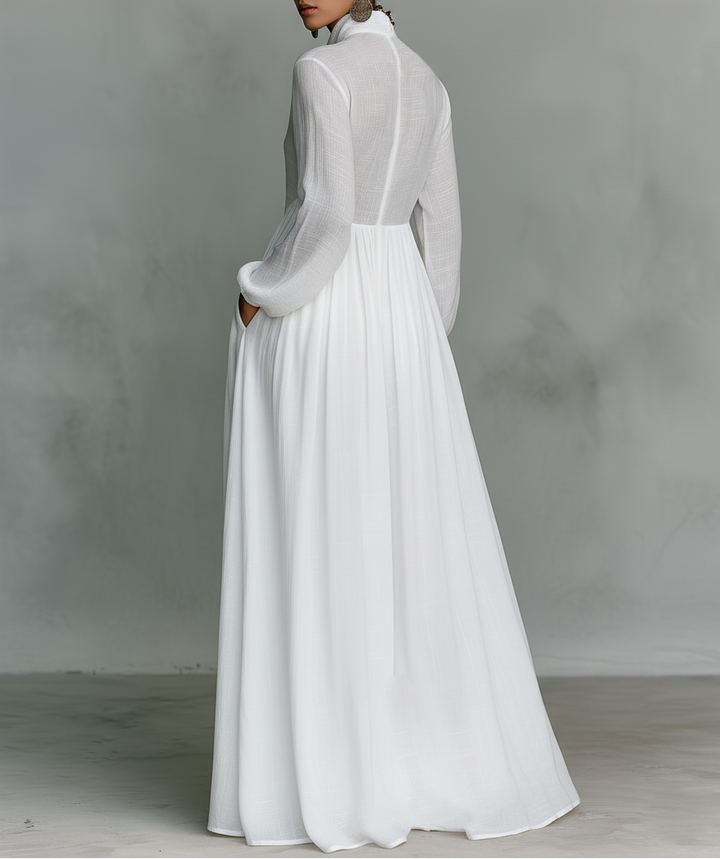 Veronica | Maxi Minimalist in Cotton and Linen with Patchwork, High Collar and Long Sleeves