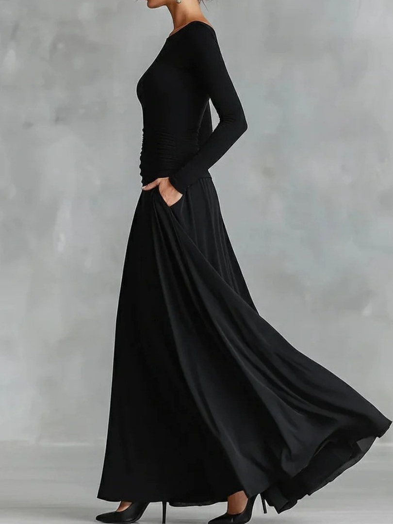 VALERIA – Ruched Boat-Neck Maxi Dress
