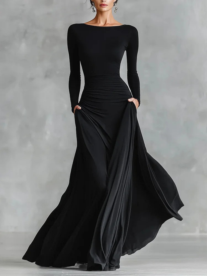 VALERIA – Ruched Boat-Neck Maxi Dress