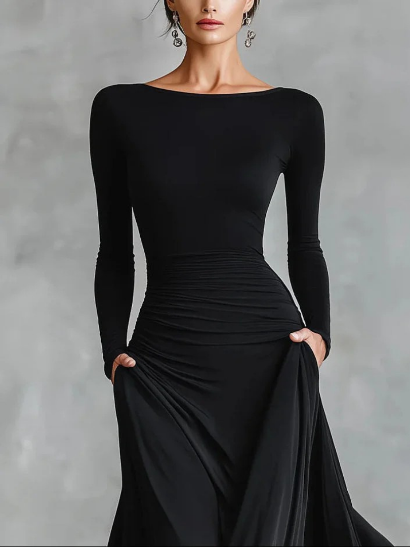 VALERIA – Ruched Boat-Neck Maxi Dress
