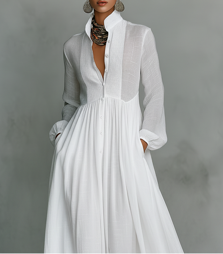 Veronica | Maxi Minimalist in Cotton and Linen with Patchwork, High Collar and Long Sleeves