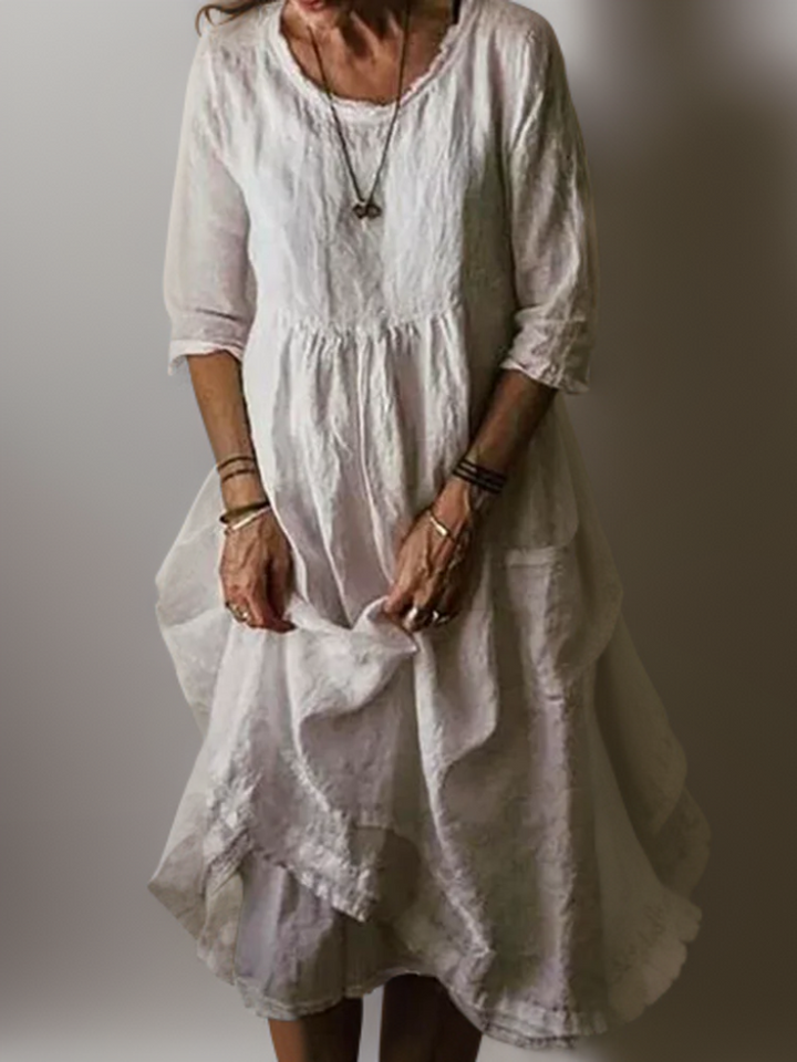 Katie - Summer Pleated Cotton Linen Midi Dress