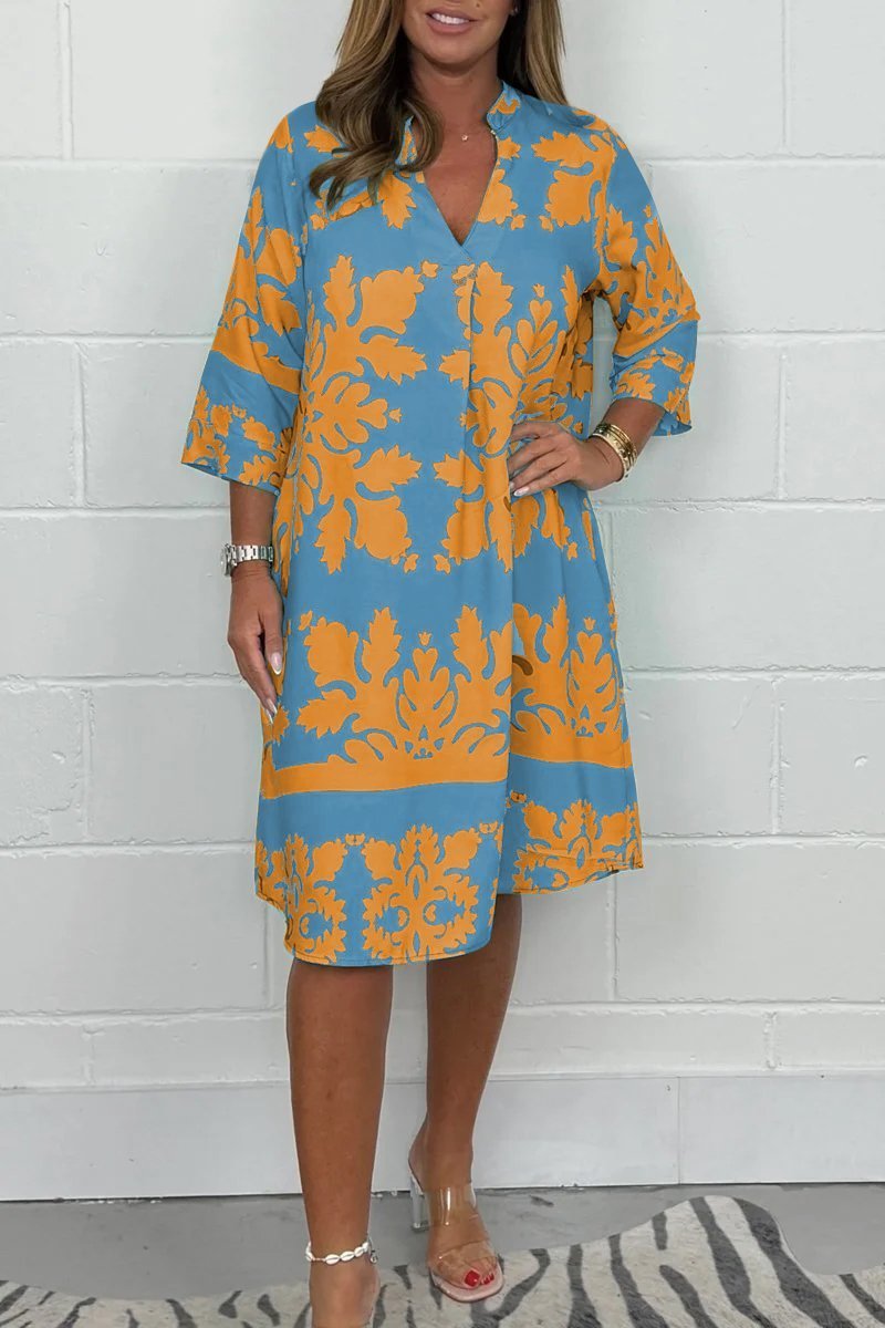 Kenzie - Bohemian Retro Print V-neck Cropped Sleeves Dress