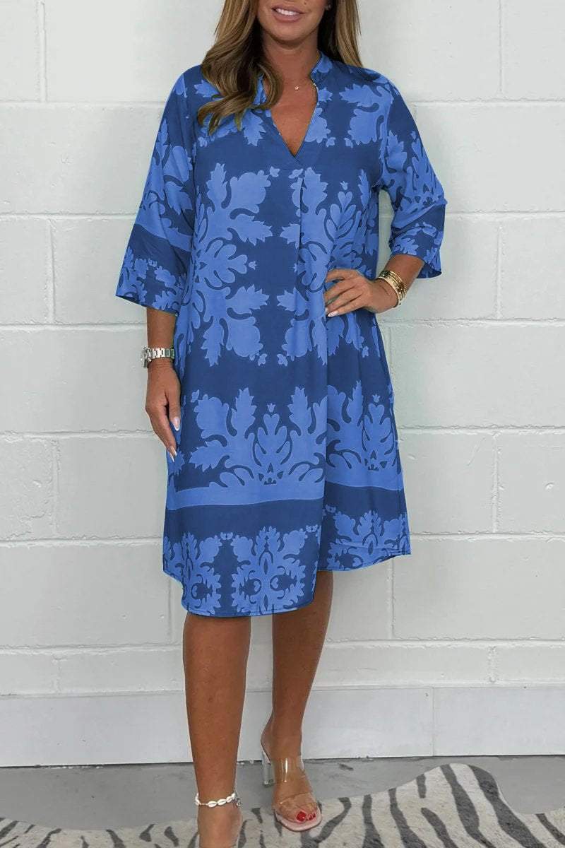 Kenzie - Bohemian Retro Print V-neck Cropped Sleeves Dress