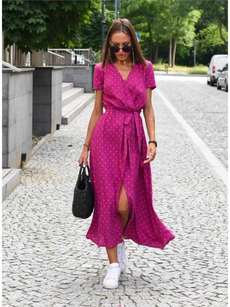 Vada - Sunset Stroll V-Neck Slit Print Dress